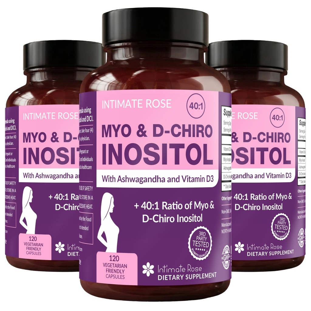 Intimate Rose Myo-Inositol & D-Chiro Inositol Blend - 40:1 Blend Ratio - Women's Daily Wellness Support - Vitamine D & Ashwagandha, 3 bouteilles