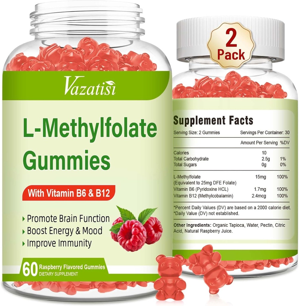 L-metilfolato 15 mg Gummies con Methyl B12, Folate Supplement per Mood, Salute del cervello, Supporto immunitario, Sapore di lampone, 120 Conte
