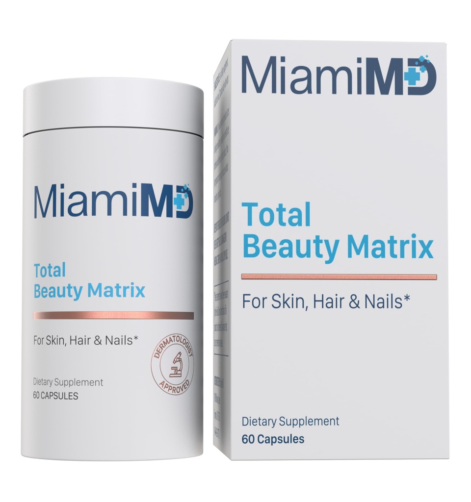 MiamiMD Total Beauty Matrix Collagen Integratori per Donne - Capsule Collagene con Vitamina C per Capelli, Pelle e Unghie - Cruelty Free - 60 Capsule