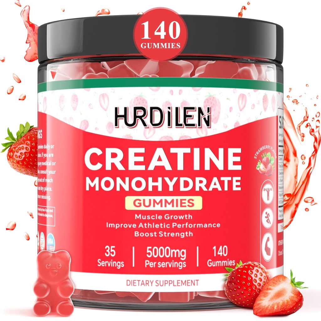 140 Count Créatine Monohydrate Gommies, 5000mg Créatine Monohydrate Pas de sucre Gommies pour les femmes et les hommes avec L-Taurine, Vitamine B12 pour la force musculaire, Récupération musculaire, Glute Builder, Energy Boost