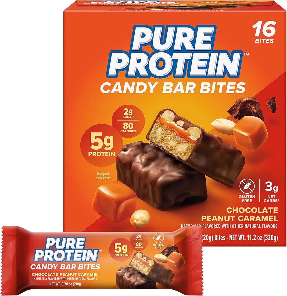 Pure Protein Candy Bar Bites, Chocolate Peanut Caramel, 5g Protein, Glutenfrei, Low Sugar, 0.70 oz, 16 Pack (Packaging May Vary)