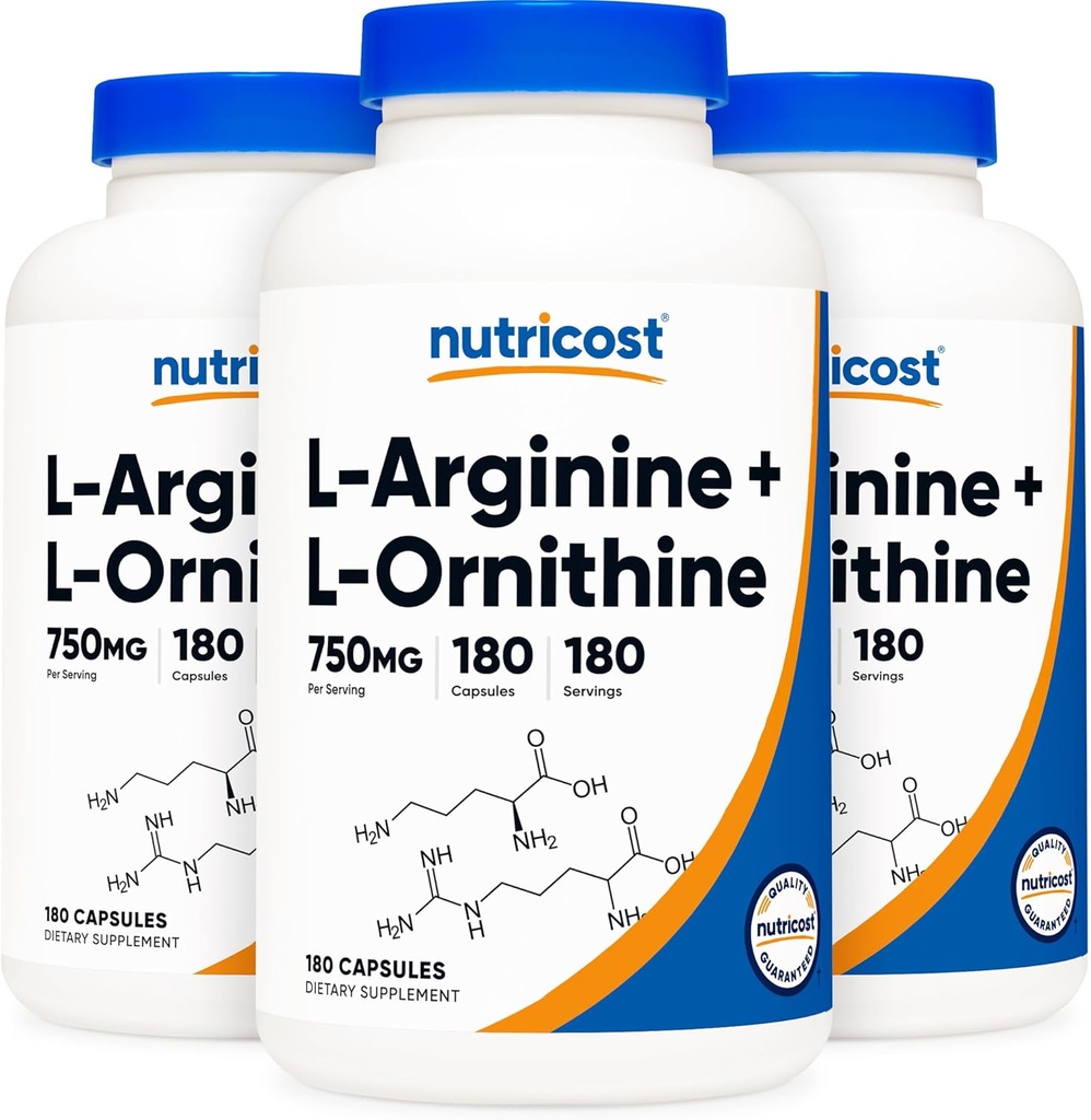 Nutricost L-Arginin L-Ornithine 750mg; 180 Kapseln (3 Flaschen)