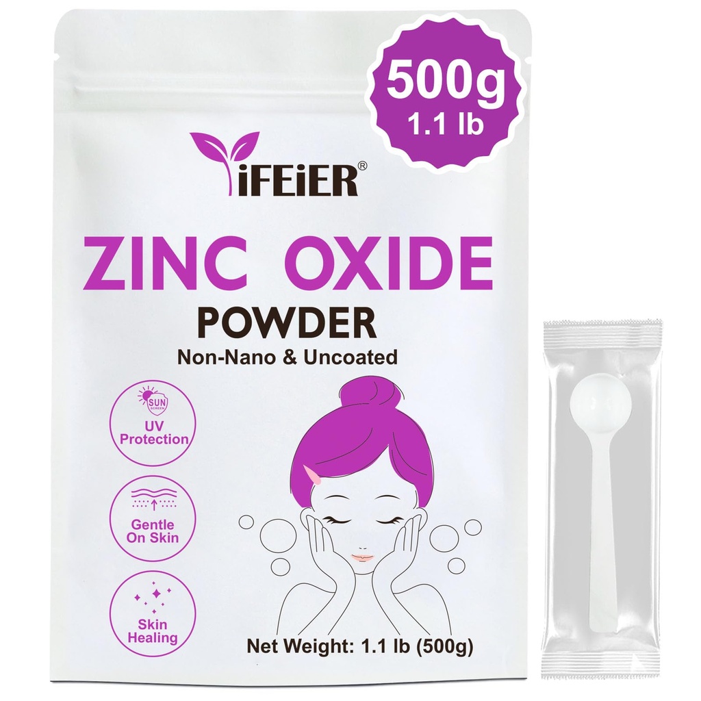 iFEiER Zinkoxid-Pulver | 500g(1.1 lb) 100% reines nicht nanounkotiertes Zinkoxid-Pulver für Hautschutz | Kosmetik-Grad Ideal für DIY Sonnencreme, Lotion, Deodorant und Hautpflege