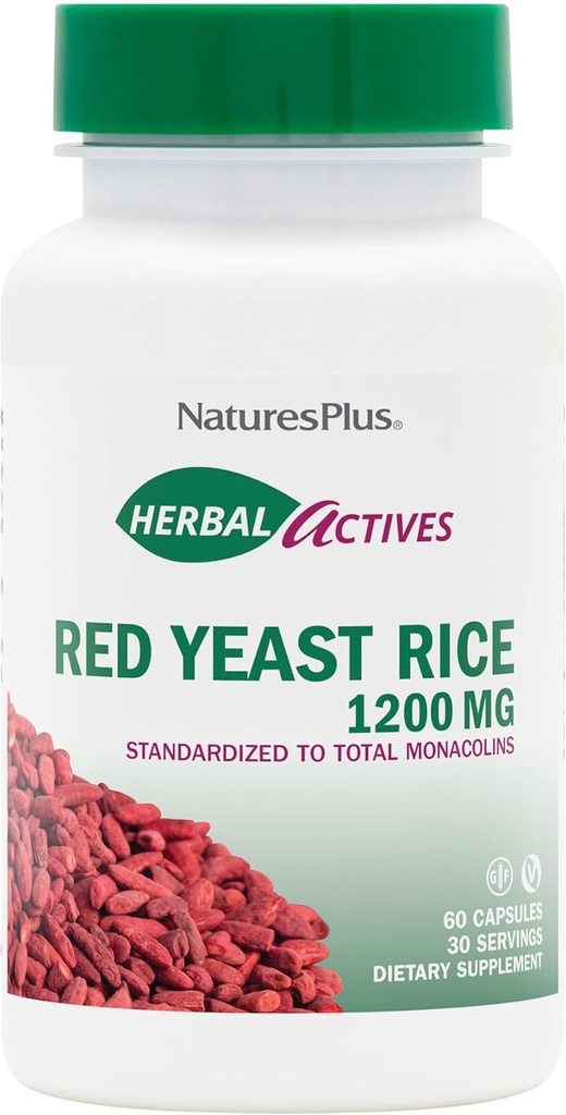 NaturesPlus Kräuter-Aktive Rote Hefe Reis 1200 mg - 60 Kapseln - Non-GMO, Vegan, Glutenfrei - 30 Portionen