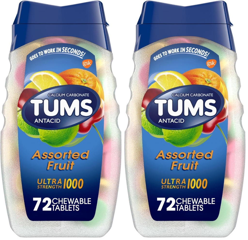 TUMS Antacid Chewable Tablets für Sodbrennen Relief, Ultra Strength, Assorted Fruit, 72 Tabletten (Pack von 2)