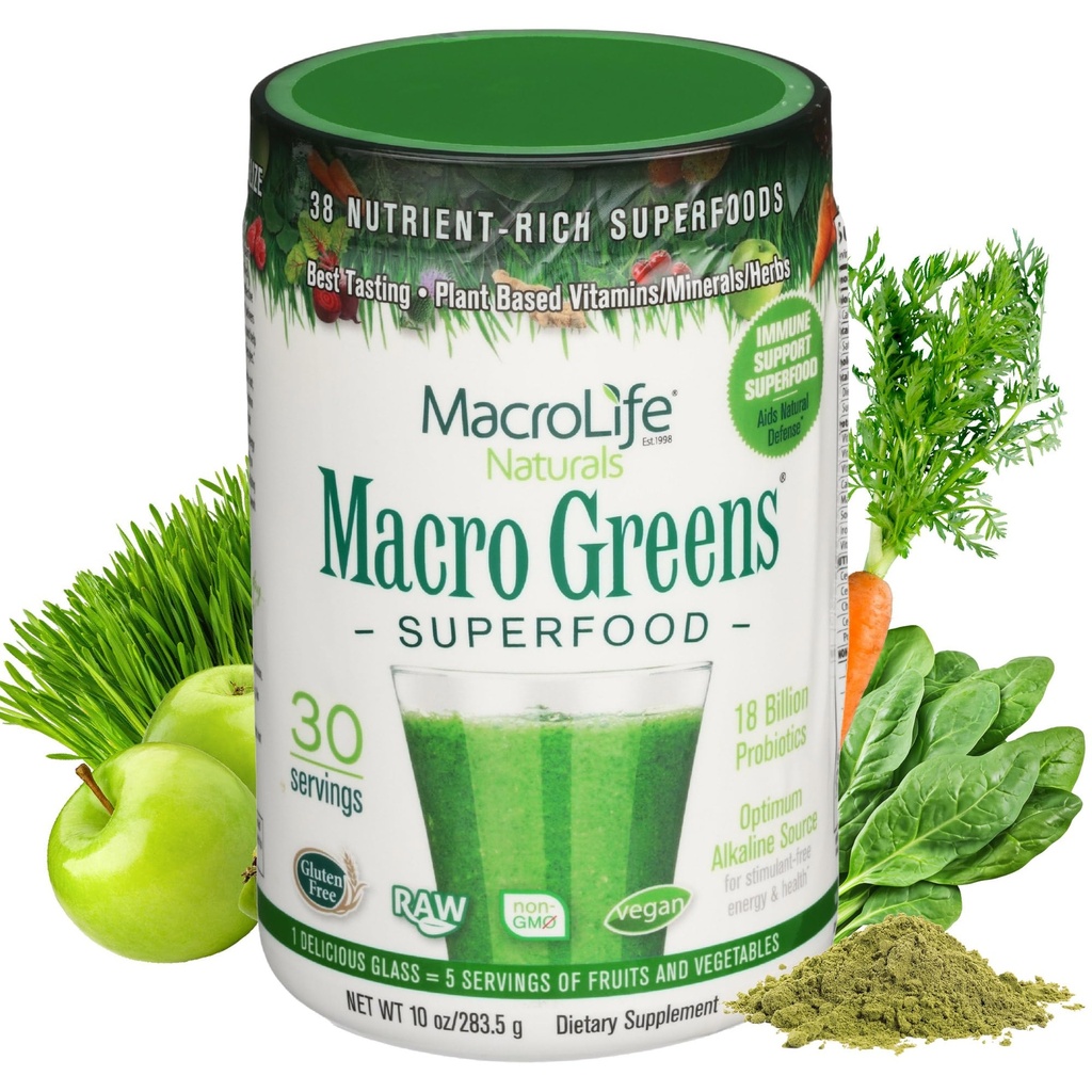 MacroLife Naturals Macro Greens Superfood Powder – 38 Superfoods con Probiotici, Enzimi Digestivi & Adaptogens | Non OGM, Vegan, Gluten Free | 18B CFU | 10 oz (30 Servings)