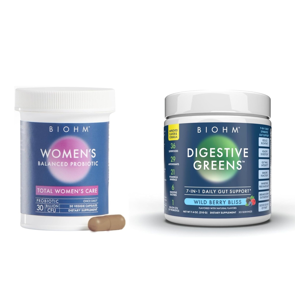 BIOHM Probiotiques pour femmes 30B CFU & Super Greens/Kids Berry Blast Bundle: Gut & Global Health Support, 9 souches, 30 jours d'approvisionnement, riche en antioxydants