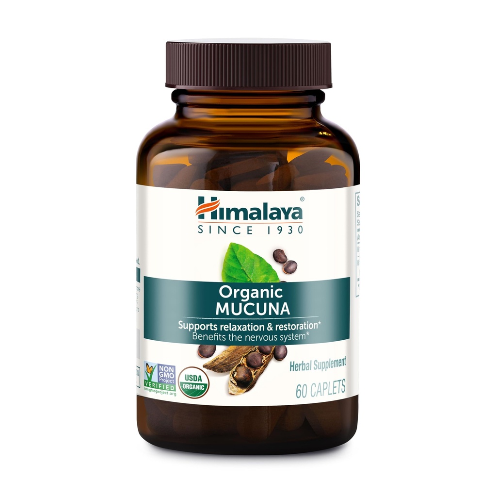 Himalaya Organic Mucuna Pruriens, 60 giorni di alimentazione - Integratore di erbe per calmare il rilassamento dalla tensione e promuovere la funzione del cervello - Vegan, Non OGM, Gluten Free, 600 mg, 60 Caplets