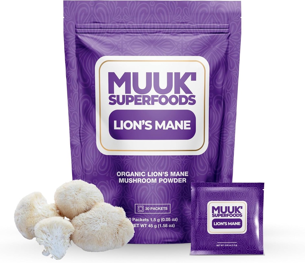 MUUK' SUPERFOODS | Bio Lion's Mane Mushroom Powder | Brain Boosting ON-The-GO Packets | Made in USA | 30 Sachets (1.5g)