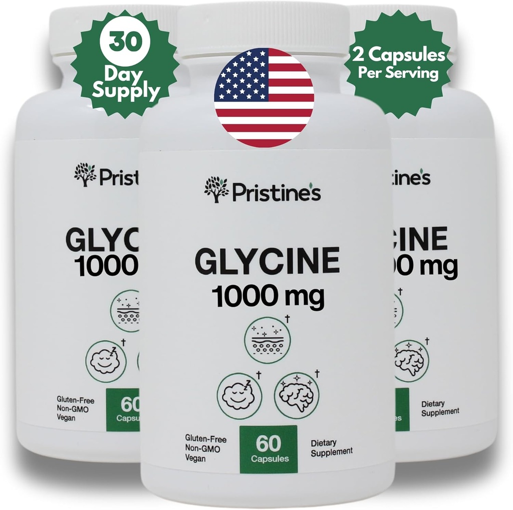 PRISTINE'S Glycine 1000MG Aminosäure-Ergänzung Schlaf-Unterstützungskapseln (3-Pack) - 90-Tage-Versorgung - Muskel-Recovery, Kidney Health & Collagen Formation Production Support