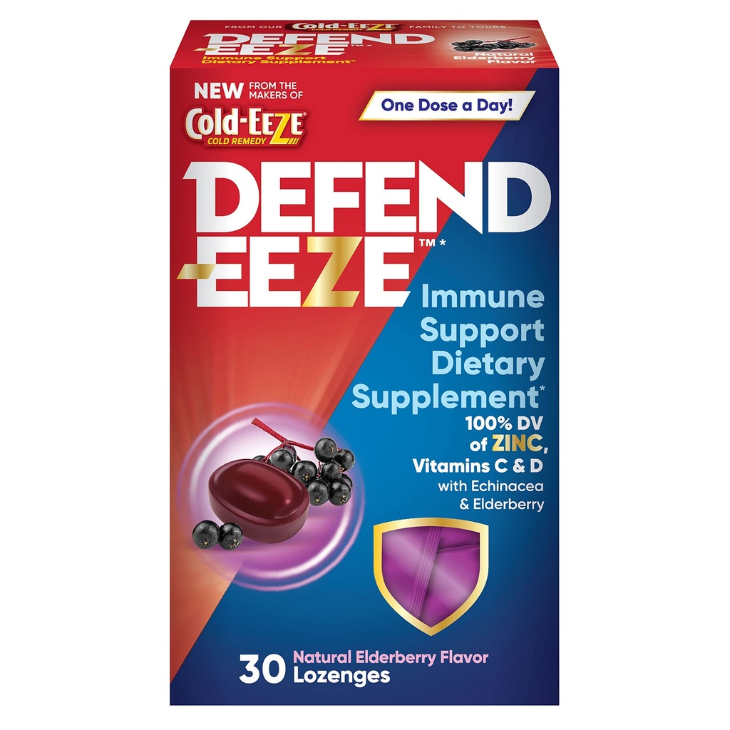 Defend-EEZE Immune Support Dietary Supplement Lozenges, 100% Daily Value of Zinc, Vitamins C & D per Dose, with Echinacea & Elderberry, Elderberry Flavor, 30 Lozenges