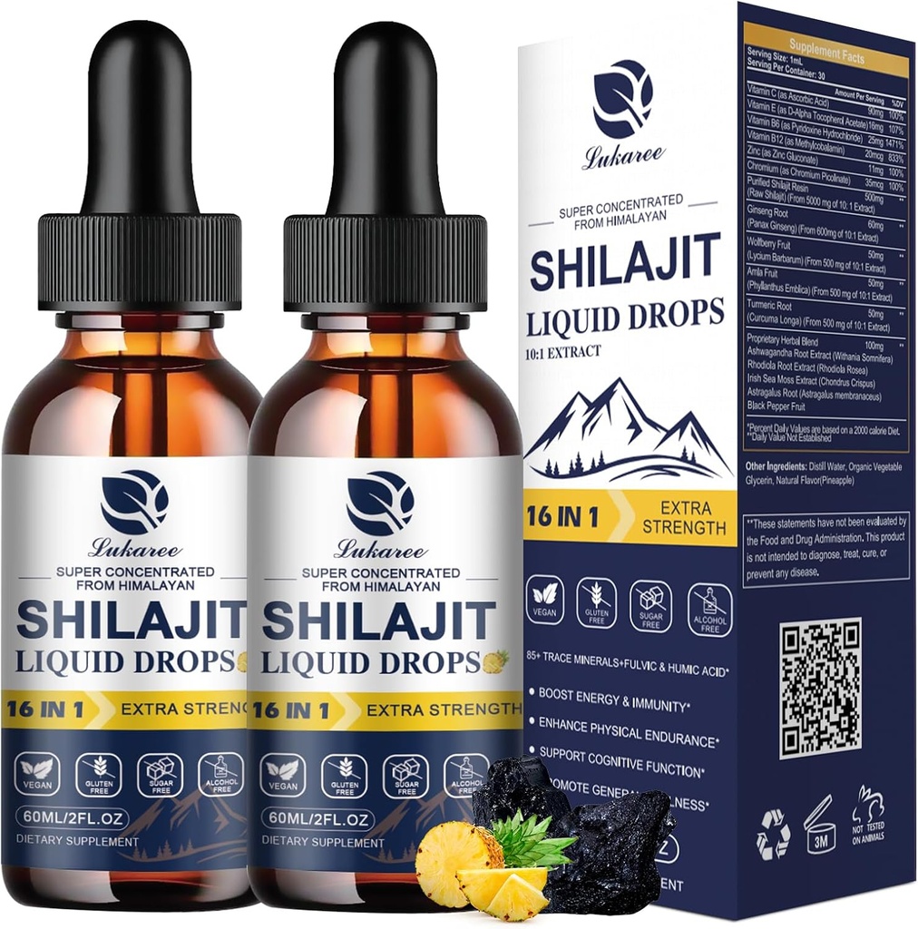 Lukaree 16-in-1 Shilajit Tropfen für Männer und Frauen, Ashwagandha, Ginseng, Turmeric, Rhodiola, Amla, Sea Moss, Flüssige Vitaminergänzung mit 85+ Trace Minerals und Fulvic Acid, 2 FL Oz (2 Pack)