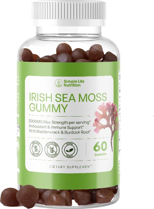 Gummées de mousse de mer d'Irlande biologique - Mélange naturel de racines et de bradderwrack de bardage - Nettoyant et supplément thyroïdien du système immunitaire - Santé de la peau et des ongles - 60CT
