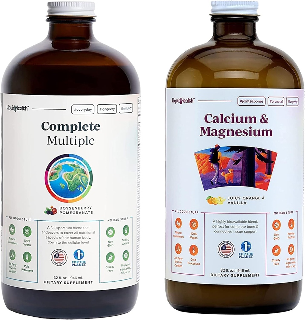 LIQUIDHEALTH Komplett Multiple Multivitamin & Calcium und Magnesium flüssige Vitamin Bundle für Erwachsene - Ganzkörpergesundheit, Immunsystem, Knochen & Gelenkunterstützung - Ganze Lebensmittel, Vegan, Non-GMO, USA Made