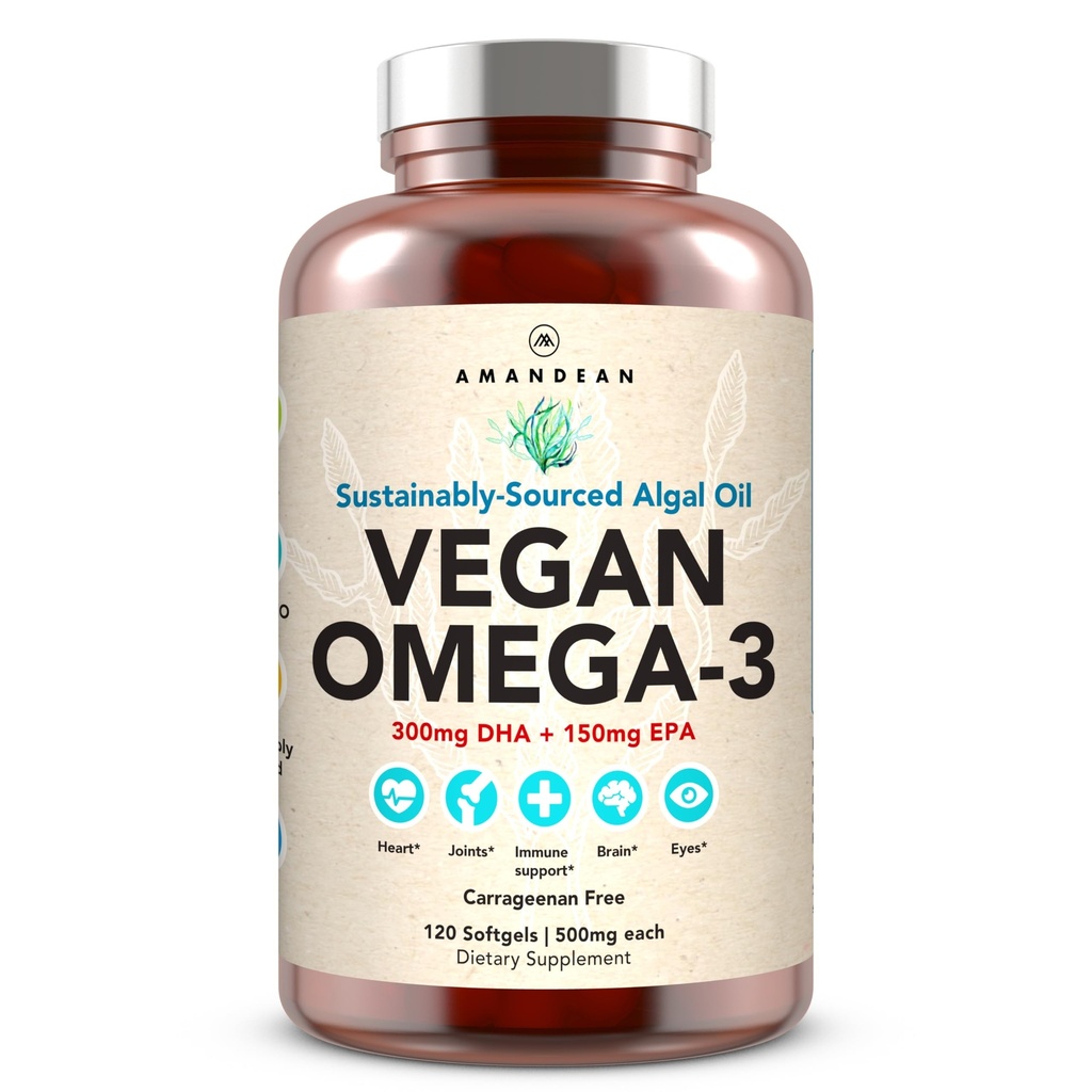AMANDEAN Vegan Omega 3 Supplement. Premium Fish Oil Alternative. Algae DHA & EPA. Carrageenan Free Softgels. Algale essentielle Fettsäuren. Pflanzenbasiertes Herz, Gehirn, Auge, Haut, Immununterstützung. (120ct)