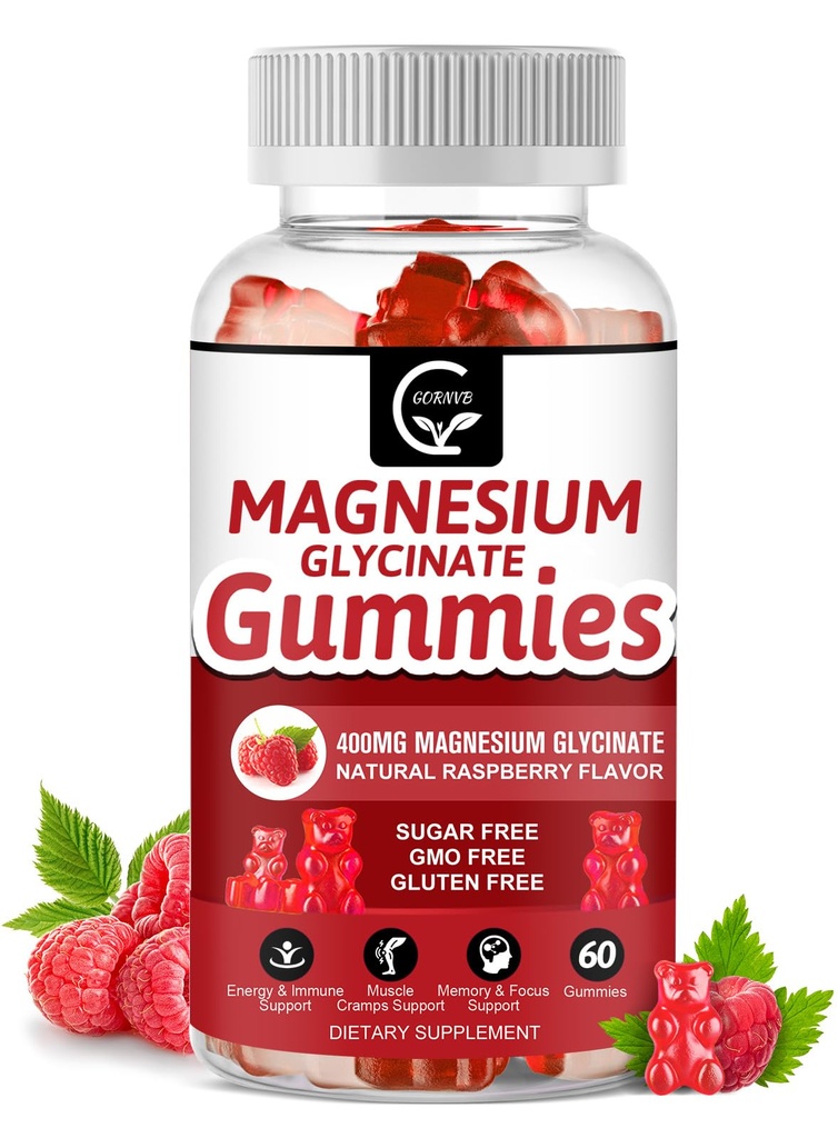 Magnesio Glycinate Gummies 400mg, Mg Potassium Supplemento con Chelated Magnesium Malate Complex, Vitamina D, B6, e CoQ10, Supporti per Memoria, Calma, Mood & Sleep - 60 Conteggio (Pack of 1)