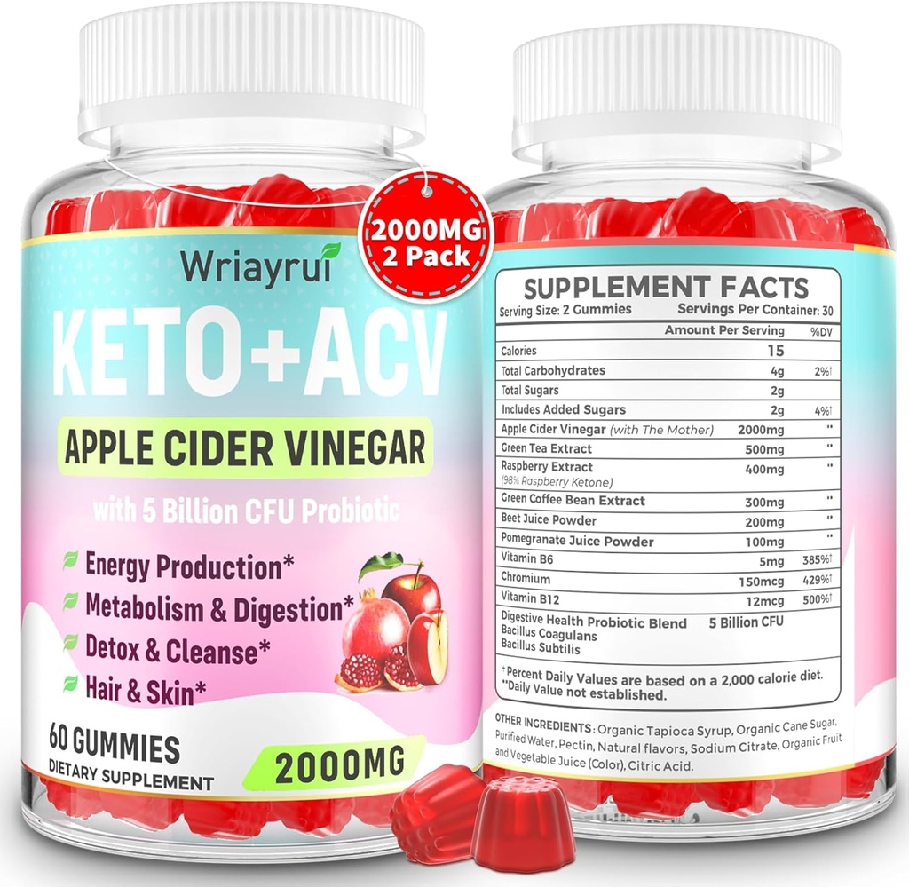 Gummies Keto ACV con Probiotici & Vitamina B12, 2000mg Gummies di Aceto di Mele con Madre, per Metabolismo, Digestione, Detox & Cleanse, Sugar Free, Vegan-Friendly, 120 Gummies