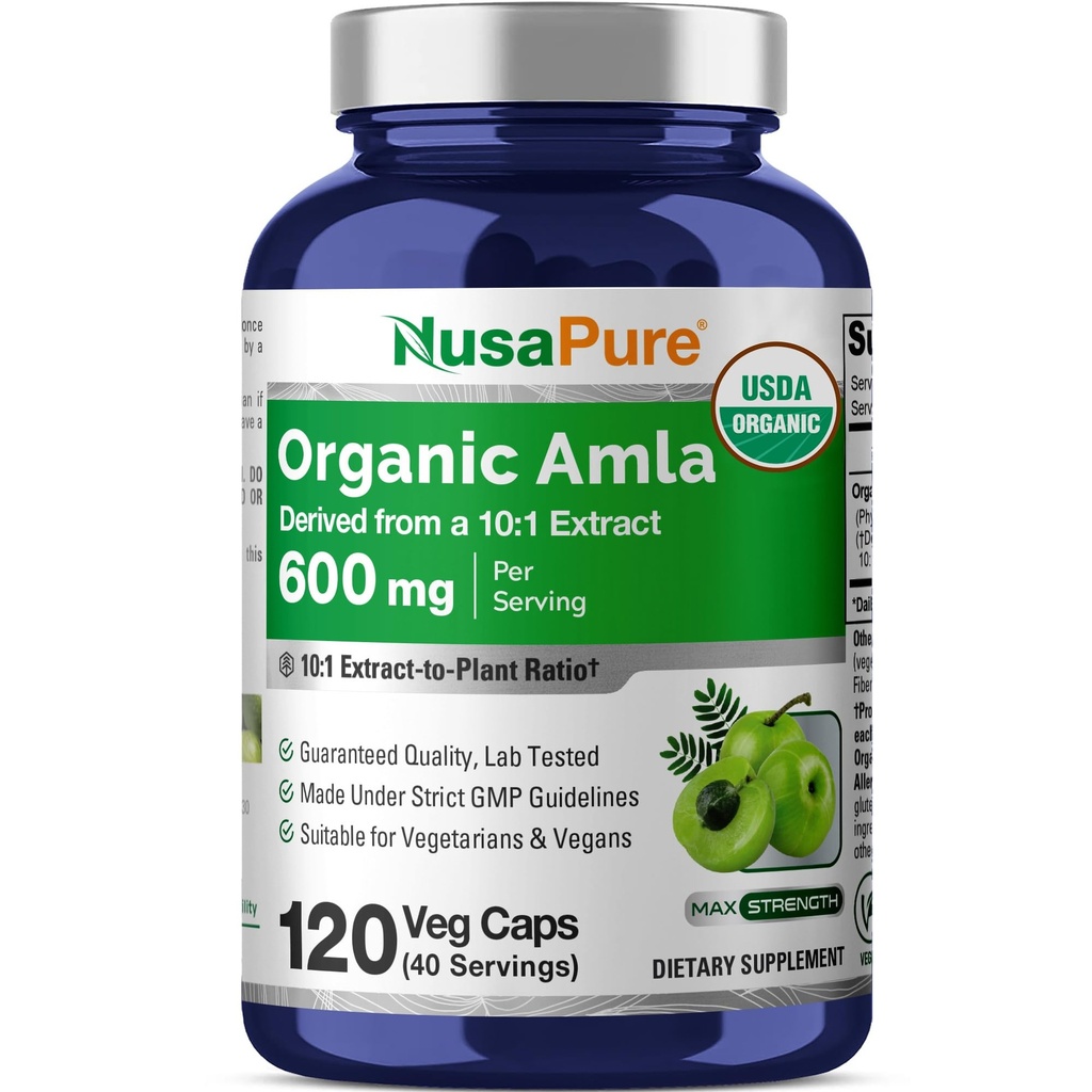 NusaPure Organic Amla Capsule 10:1 estratto, 600 mg Equivalente a 6.000 mg | 120 Count | Amalaki Fruit | USDA, Vegan, Non OGM Supplemento
