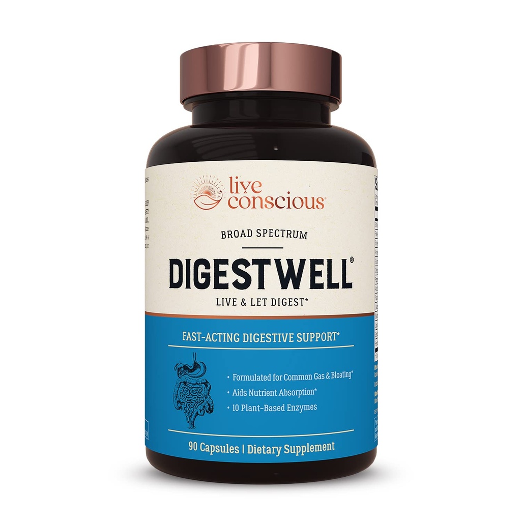 Live Conscious DigestWell Sofortiger Support - Fast-Acting Digestive Support | Broad Spectrum Enzyme, Probiotic & Herbal Formula - Verringert jeden Tag Gas & Bloating - 90 Kapseln