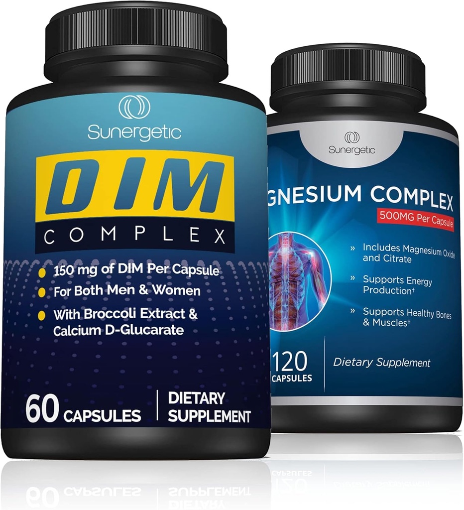 Complexe Sunergetic DIM Plus Complexe Magnésium - Soutient Bons, Muscles et Dents Santé, Équilibre et Détente - Complexe DIM 60 ct - Complexe Magnésium 120 ct