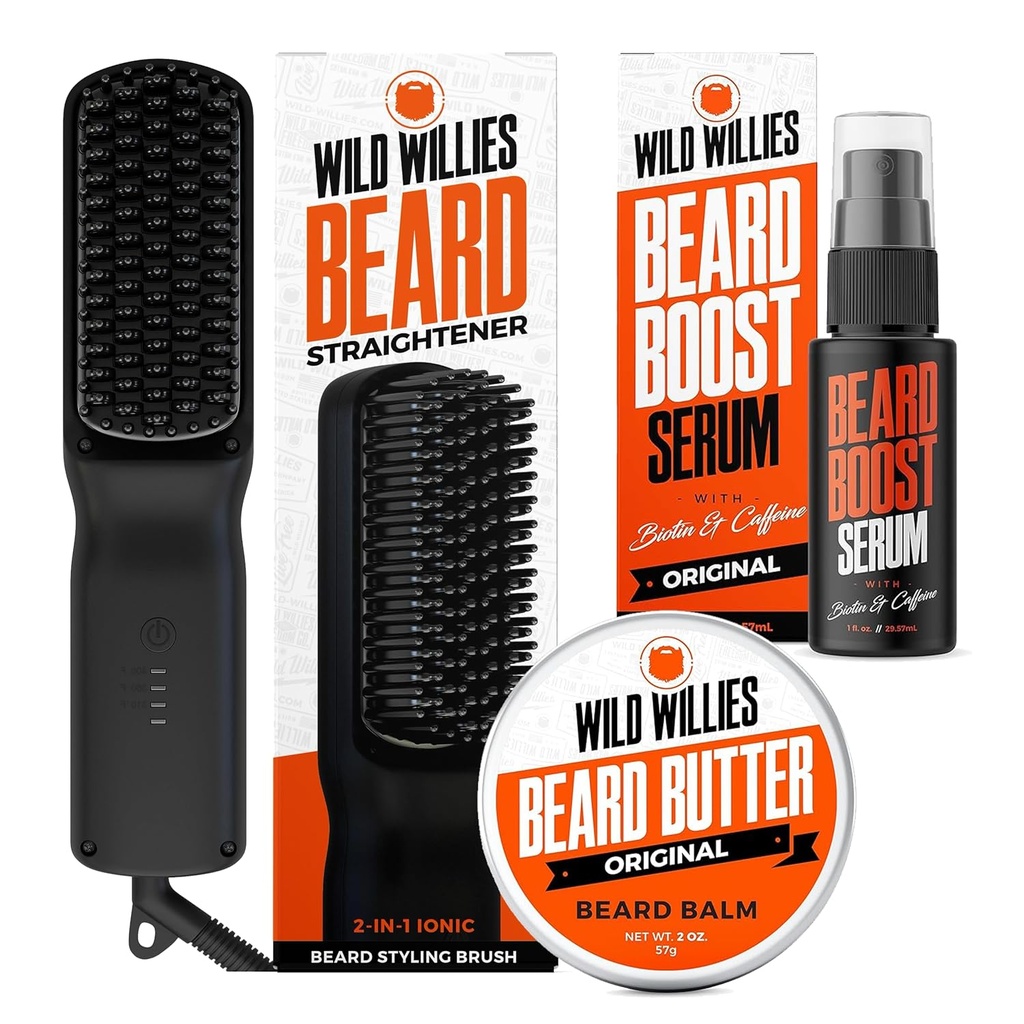Wild Willies Bart Pflege Kit: Geheizter Bart Richter für Männer, Bart Butter, & Bart Wachstums Serum - Ultimate Grooming Tool Set, Bart Balm, Hydrating Serum, Hot Comb Beard Brush für den täglichen Gebrauch