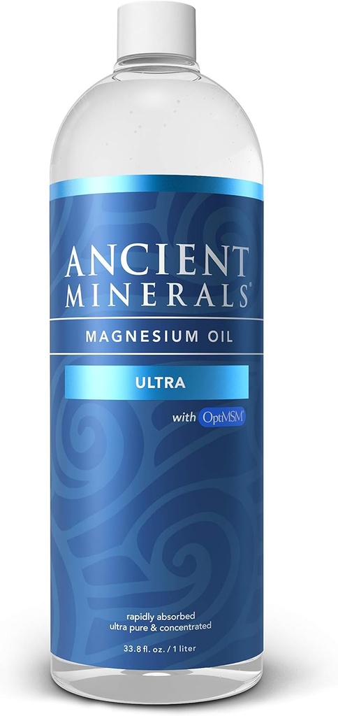 Olio di Magnesio Antichi Minerali Ultra con OptiMSM, Refill 33.8 oz. - Pure genuino Zechstein Magnesium Chloride Supplemento con MSM - Miglior applicazione della pelle topica per l'assorbimento dermico