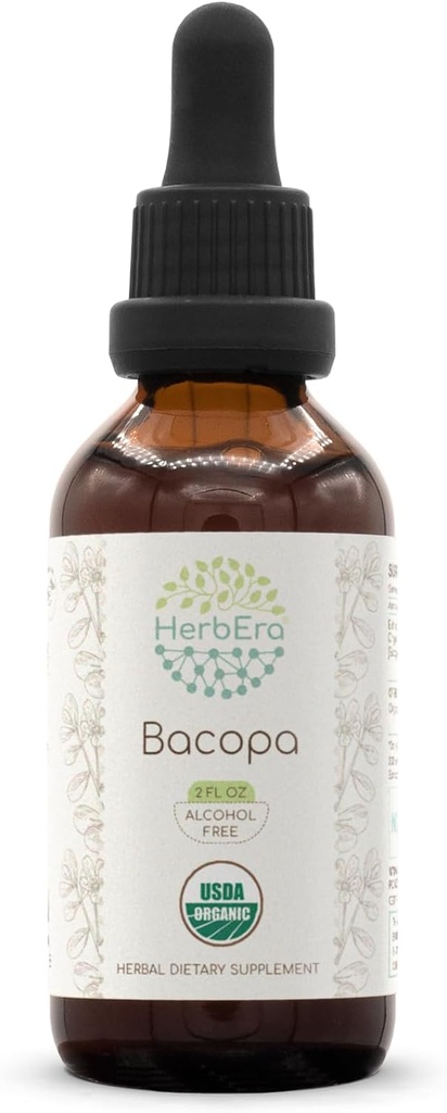 HerbEra Bacopa B60 USDA Organic Tincture | Alcohol-Free Extract, High-Potency Herbal Drops, Relax, Positive Cognitive Effect | Certified Organic Bacopa (Bacopa Monnieri) Dried Herb (2 fl oz)