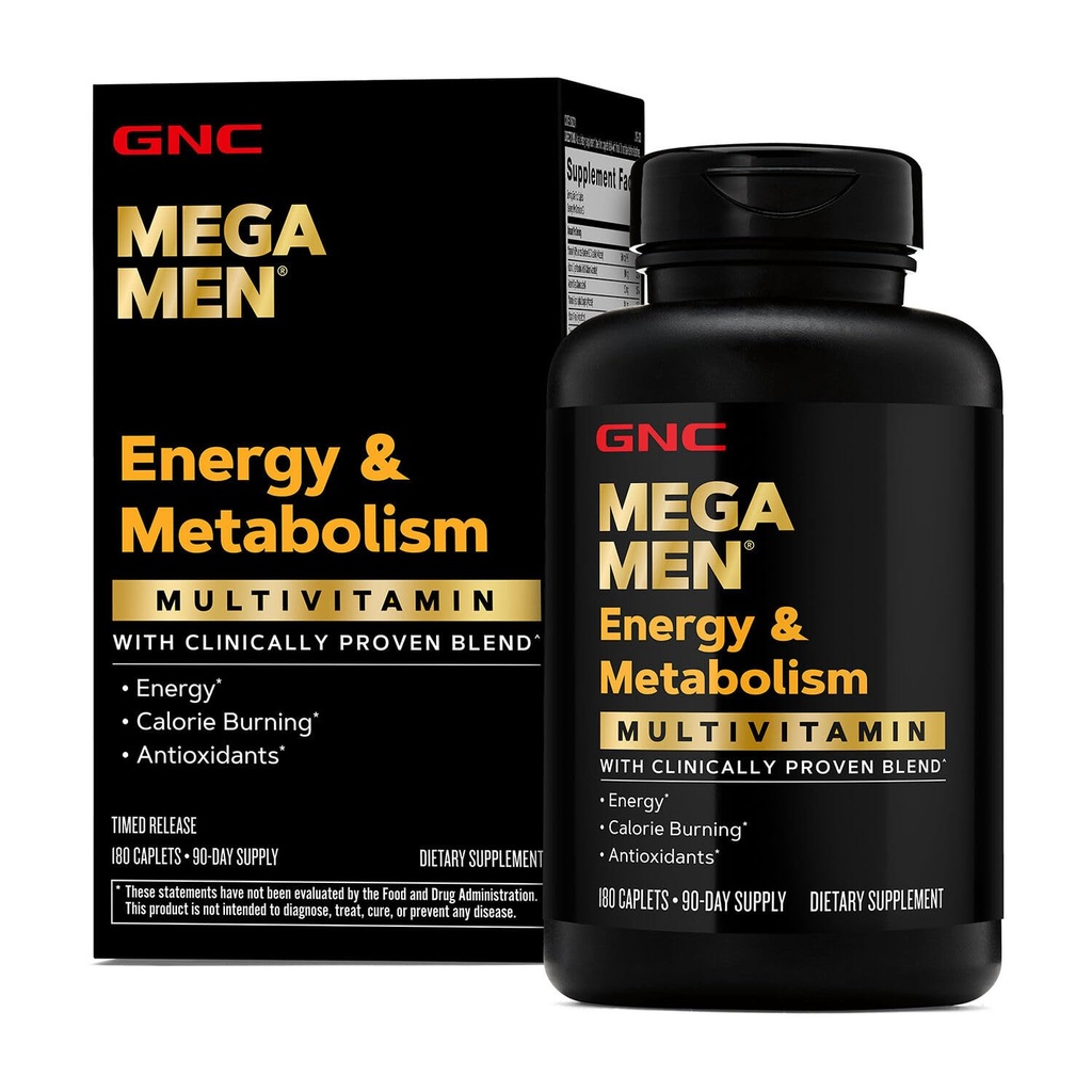 GNC Mega Men Energy & Metabolism Multivitamin Caplets, clinicamente dimostrato di sentirsi meglio, Calorie Burn, Focus, 100mg Caffeina, Termogenico, Immune, B Vitamine, Timed Release, 180 Count, 90 Day Supply