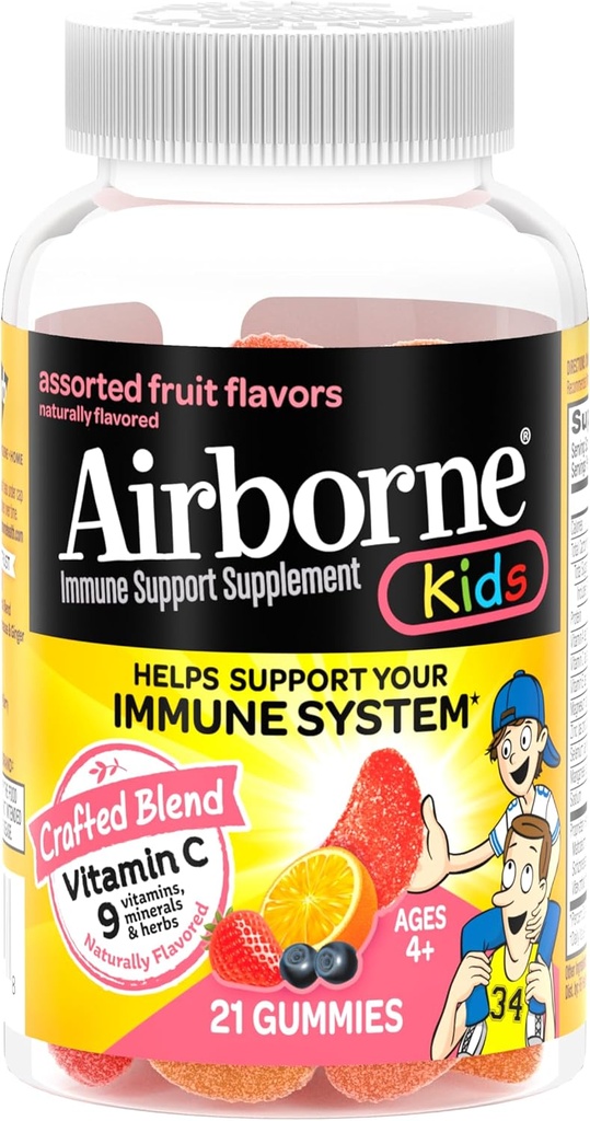 Vitamina C 500mg (per servire) Bambini assortiti Gummie aromatizzate alla frutta (21 Contenitore in una bottiglia), Integratore Immune senza glutine con Vitamine A C E, Selenio, Echinacea & Ginger