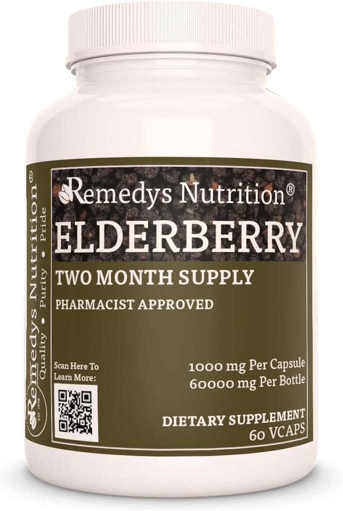 Remedy Ernährung Elderberry | 1.000 mg, 60 Vegan Kapseln pflanzliche Nahrungsergänzung | Zwei Monate Versorgung