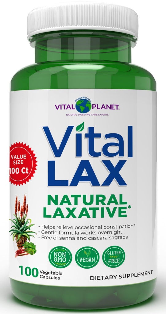 Vital Planet - Vital Lax Natural Laxative Cleanse Supplément pour la constipation occasionnelle, avec hydroxyde de magnésium, orme de sliptery, Aloe et Triphala pour soutenir la régularité Bowel 100 capsules