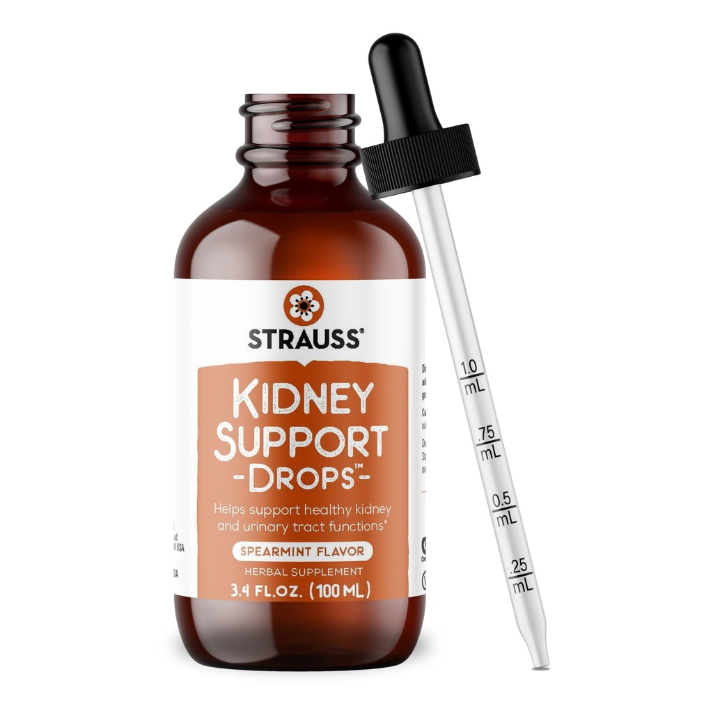 Gocce di sostegno del rene di Strauss Naturals – Supplemento di sostegno del rene di erbe per gli uomini e le donne – aiuta con la salute del rene e la funzione del tratto urinario – Vegan & non-GMO – aromatizzato alla mensola – Bottiglia da 100 ml