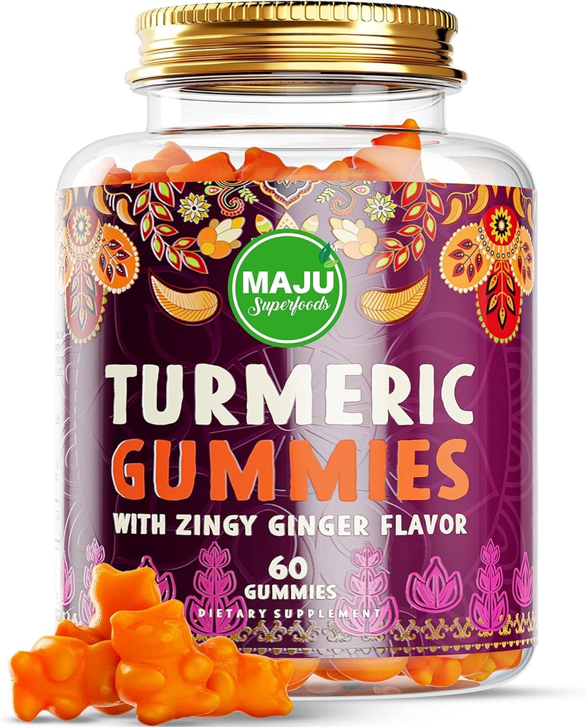 Maju Superfoods curcumina curcuma curcuma gummies 60ct, Zingy Ginger Taste, Estratto di pepe nero per l'assorbimento e la potenza migliorati, Gummie curcumiche per adulti e bambini