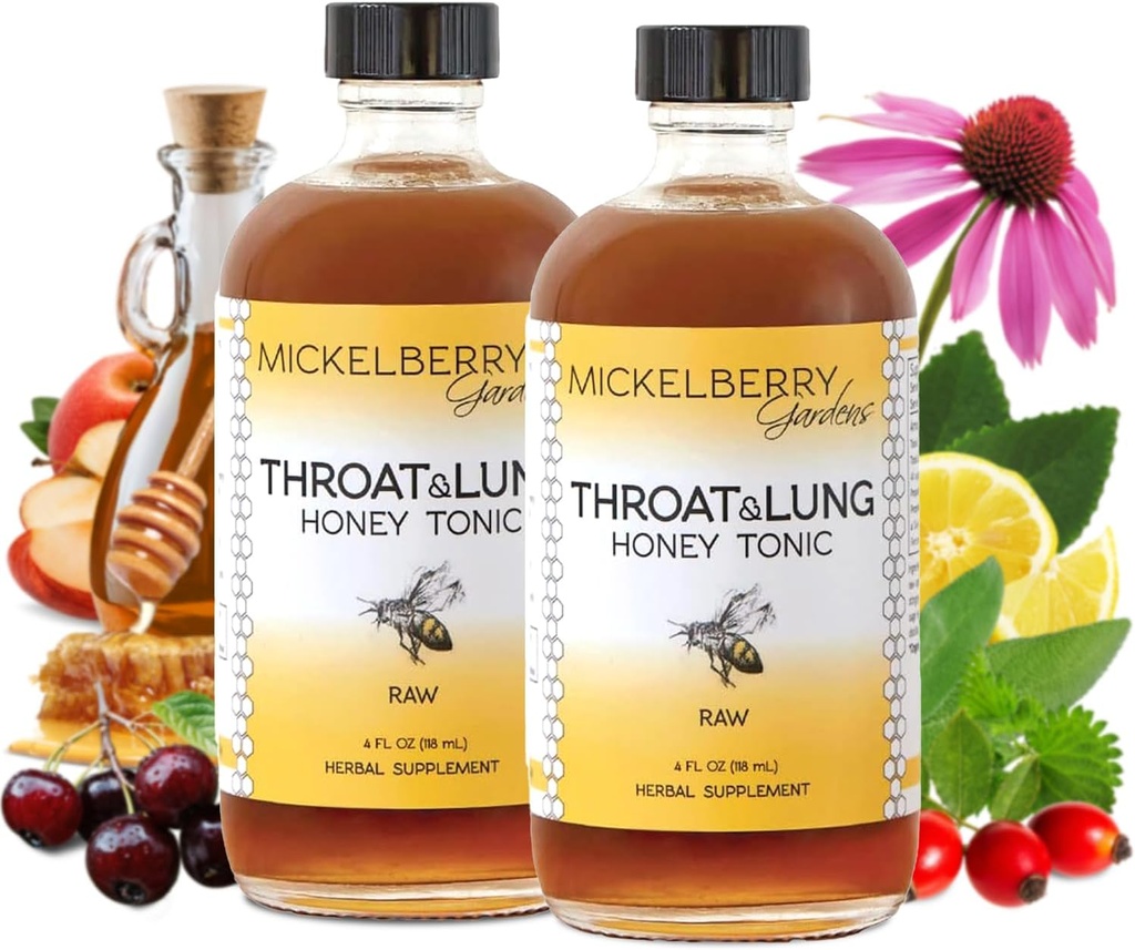 Mickelberry Gardens Throat & Lung Honey Tonic: Wellness Syrup, Natural Sore Throat Relief, Supporto Immune & Cough Suppressant for Adults & Kids (4 oz, 2 Pack)