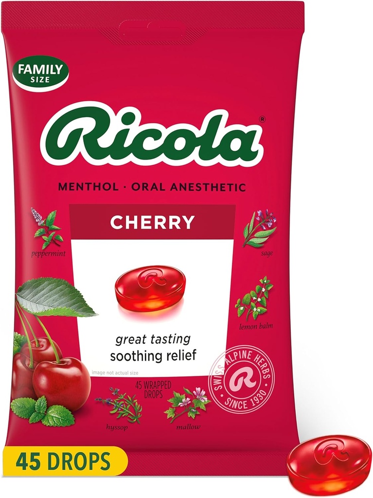 Ricola Cherry Throat Drops, 45 Count, Tägliche Tropfen für leckere Throat Refreshment, Oral Anästhesie, Natürlich aromatisiert