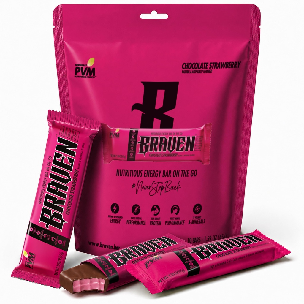 Braven Bar Chocolate Strawberry Energy Bars (1.59 Unze, Packung mit 10) – Energy Chews mit 5g Protein – On-the-Go Energy Snacks für Laufen, Wandern und Sport - Gluten kostenlose Snacks für nachhaltige Energie Boost
