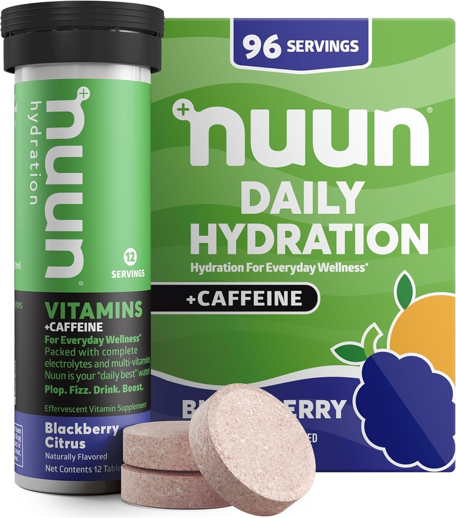 Nuun Vitamine + Koffein-Elektrolyt Tabletten mit Vitamin D, C, E, A, & B6, Folsäure, Magnesium & 4 andere essentielle Elektrolyte, Glutenfrei & Vegan, Blackberry Citrus, 8 Pack (96 Portionen insgesamt)