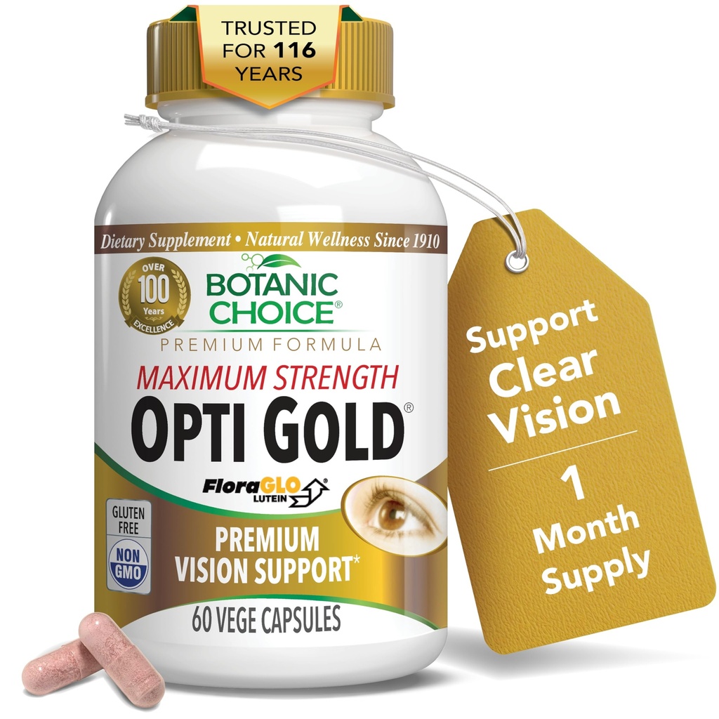 Botanic Choice Maximum Strength Opti Gold Vision Eye Health Support Supplement for Overall Eyesight Health for Men & Women - Taurine, Vitamine A, Lutéine, Bilberry, Alpha Lipoic Acid (60 Capsules)