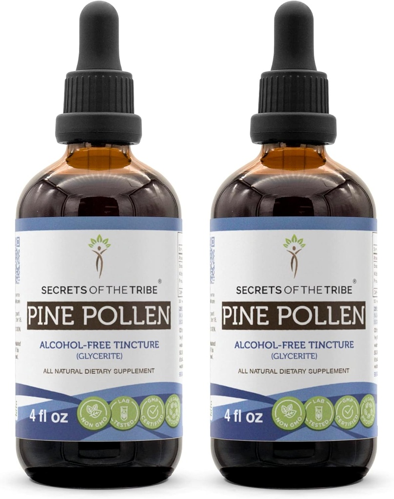 Secrets of the Tribe Pine Pollen Teinture sans alcool (Glycerite) 697 mg Pine artisanal Pollen (Scots Pine, Pinus sylvestris) Pollen séché (2x4 Fl Oz) Supplément de soutien à la testostérone