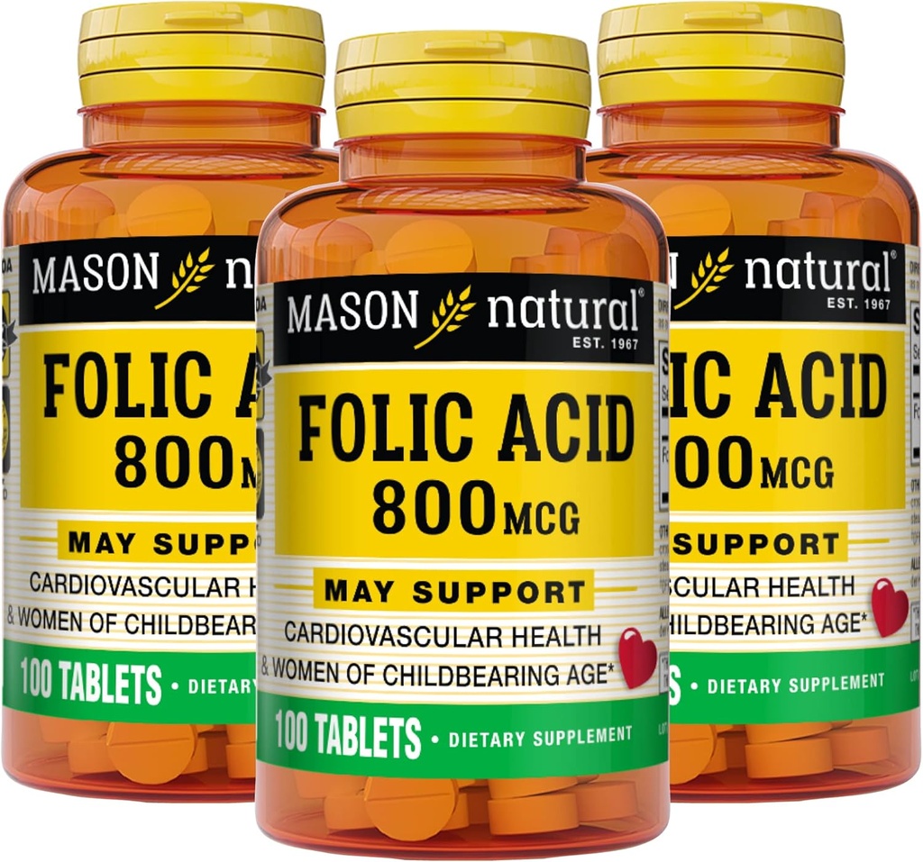 MASON NATURAL Folsäure 800 mcg - Hilft Nervous System Funktion, Tägliche Ergänzung für Gesundheit, Mood und Prenatal Pflege, für Frauen des Kindesalters, 100 Tabletten (Pack von 3)