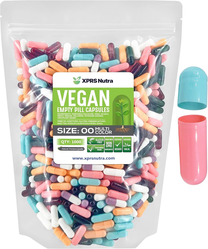XPRS Nutra Taille 00 Capsules vides - 1000 Capsules vides de compte - Pilules vides végétariennes - Bricolage Gélule végétale Remplissage- Caps de pilules veggie (Multi Color)