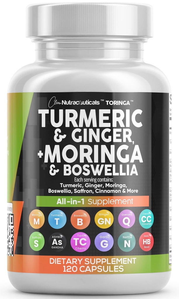 Saubere Nutraceuticals Turmeric Moringa Ergänzung | Ginger Boswellia Saffron - Ergänzung für Frauen und Männer mit Ceylon Cinnamon, Tart Cherry, Quercetin Knoblauch Nettle Holy Basil - 1Pack