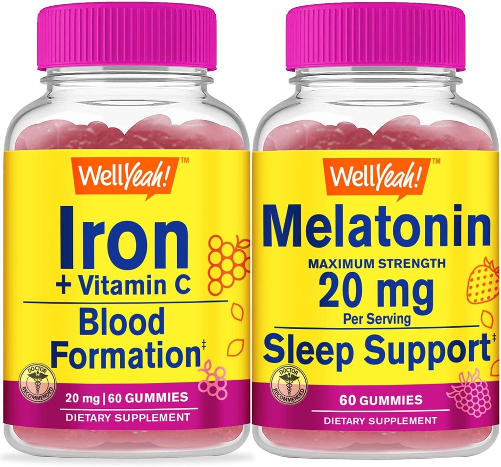 WellYes Iron+Vitamin C + Melatonin 20mg, Gummies Bundle - Grande degustazione, Integratore di vitamina, Senza glutine, OGM gratis, Gummies