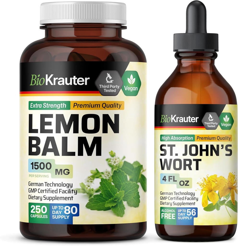 BIO KRAUTER Zitronenbalsam 250 Kapseln & St. John’s Wort Tincture 4 Fl. Oz.