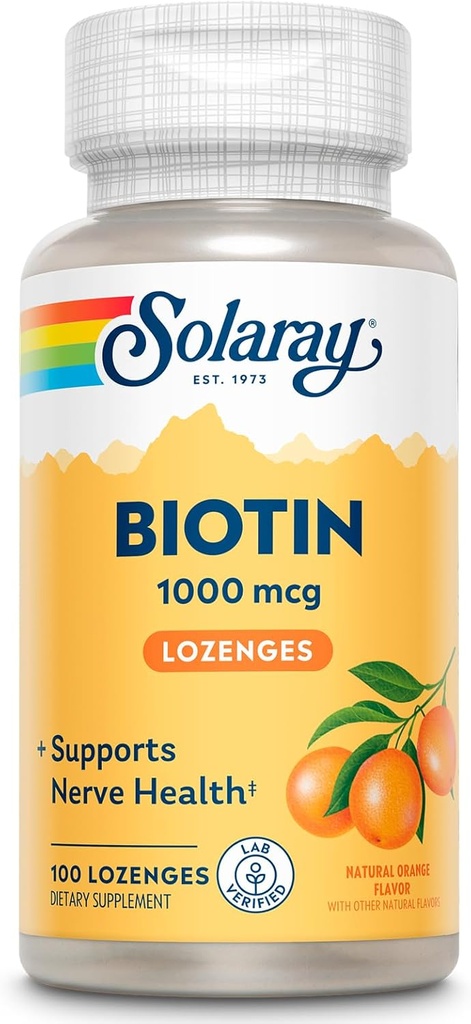 SOLARAY Biotin 1000mcg Lozenges - Integratore Biotina con Vitamina A - Funzione Neve e Supporto Energetico Cellulare - Sapore Naturale Arancione, Gusto Grande, Garanzia 60 giorni, 100 Serve, 100 Lozenges