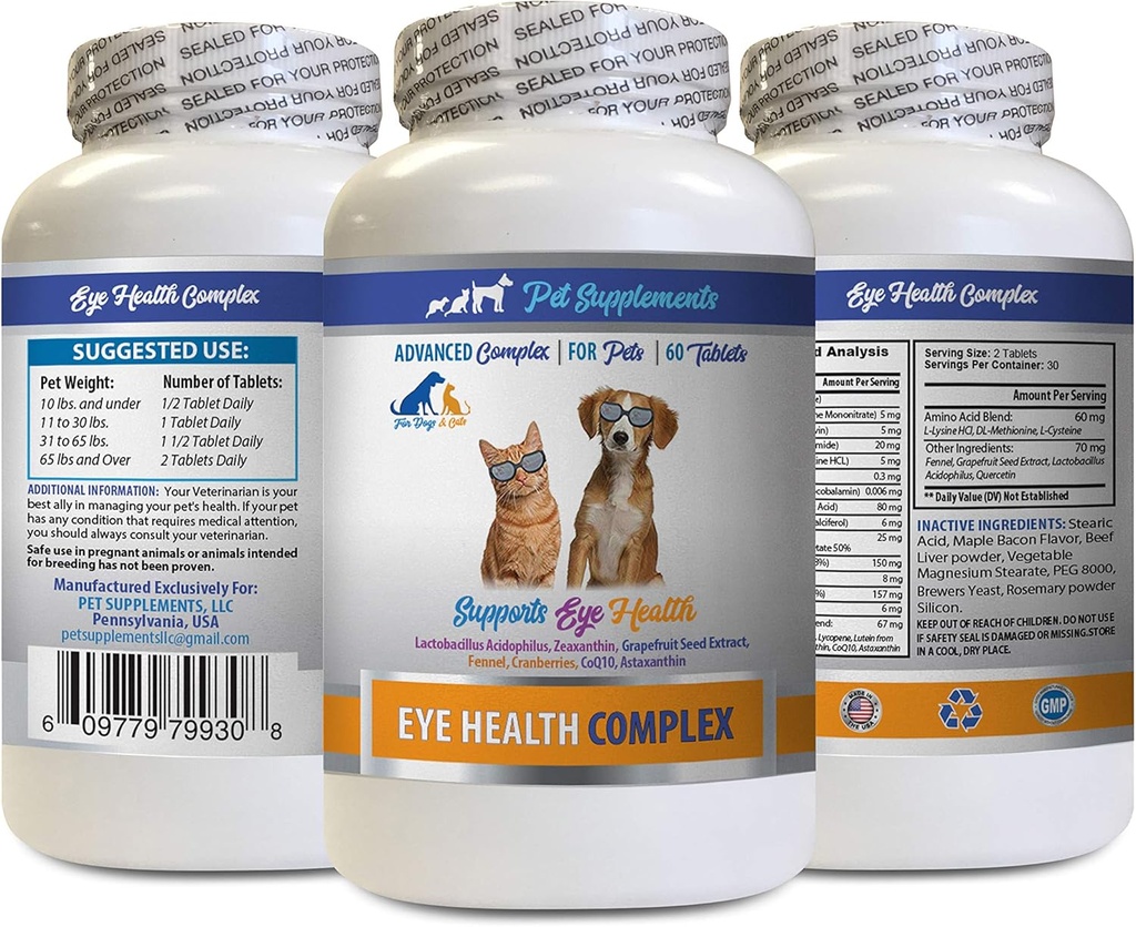 Dog Eye Vitamins - PET Eye Health Complex - Hunde und Katzen - unterstützt Eye Vision - Astaxanthin für Hunde, Eye Vision Supplement für Hunde und Katzen, Augengesundheit Vitamine Lutein und Zeaxanthin 1Bot 60Tabs