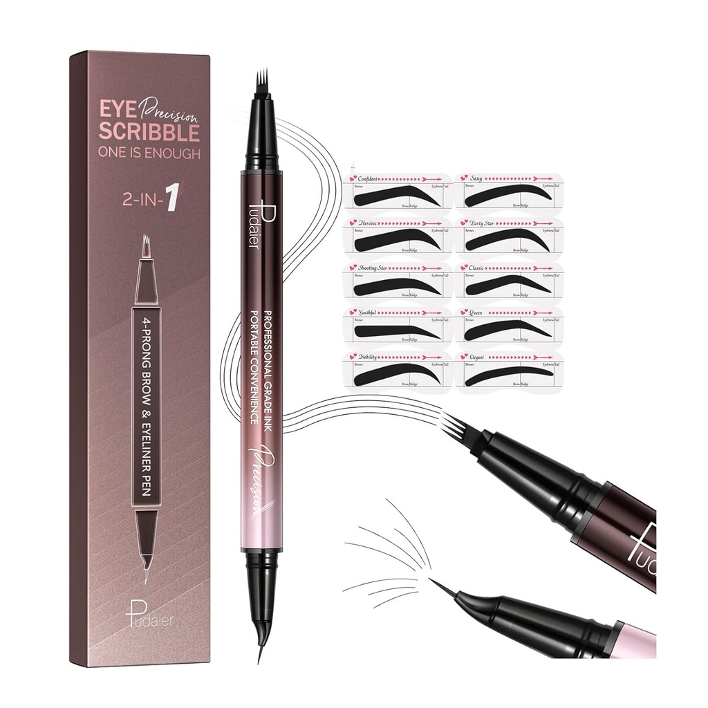 2-in-1 Curved Eyebrow Pen und Eyeliner mit 10Pcs Brow Stencils, Microblading Eyebrow Pencil mit 4 Gabel-Tip und gebogenen Precise Tip, Wasserdicht und lang anhaltende Augenbrauen Stifte für Damen, Weich Schwarz