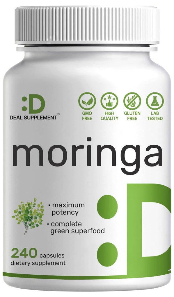 Moringa Capsules 9 000mg Équivalent à base de plantes, 240 Capsules – 4 mois d'approvisionnement – Potence maximale Extrait de feuille de Moringa pure – Supplément vert complet pour l'énergie, la peau et l'immunothérapie