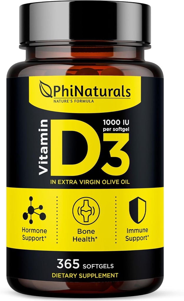 PhiNaturals Vitamin D3 1000iu Softgels Ergänzung Olivenöl Base 365 Gel Caps ein Jahr Versorgung von VIT D, Vitamina D 3 1000 iu